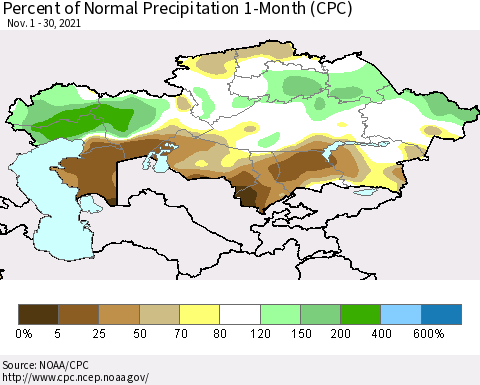 Kazakhstan Percent of Normal Precipitation 1-Month (CPC) Thematic Map For 11/1/2021 - 11/30/2021