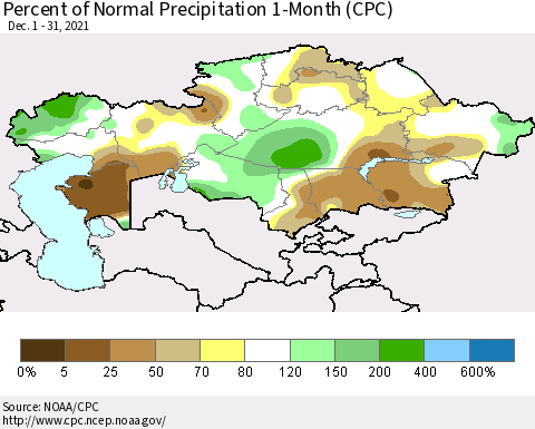 Kazakhstan Percent of Normal Precipitation 1-Month (CPC) Thematic Map For 12/1/2021 - 12/31/2021