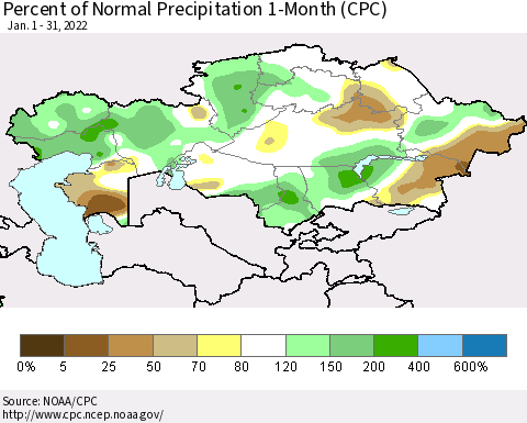 Kazakhstan Percent of Normal Precipitation 1-Month (CPC) Thematic Map For 1/1/2022 - 1/31/2022