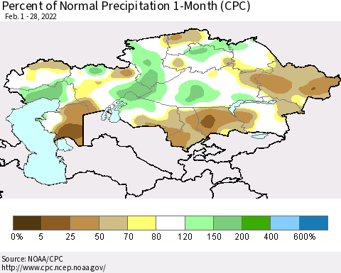 Kazakhstan Percent of Normal Precipitation 1-Month (CPC) Thematic Map For 2/1/2022 - 2/28/2022