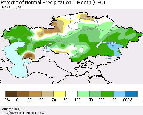 Kazakhstan Percent of Normal Precipitation 1-Month (CPC) Thematic Map For 3/1/2022 - 3/31/2022
