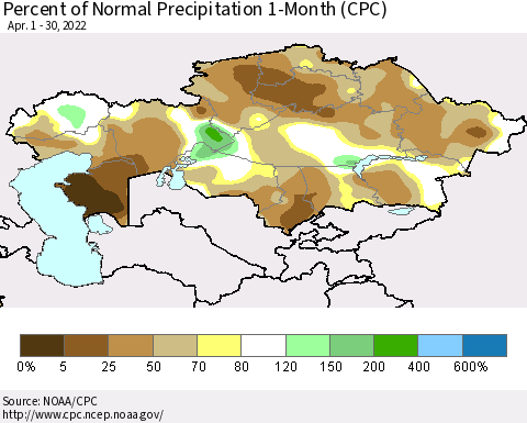 Kazakhstan Percent of Normal Precipitation 1-Month (CPC) Thematic Map For 4/1/2022 - 4/30/2022