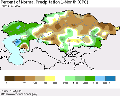 Kazakhstan Percent of Normal Precipitation 1-Month (CPC) Thematic Map For 5/1/2022 - 5/31/2022