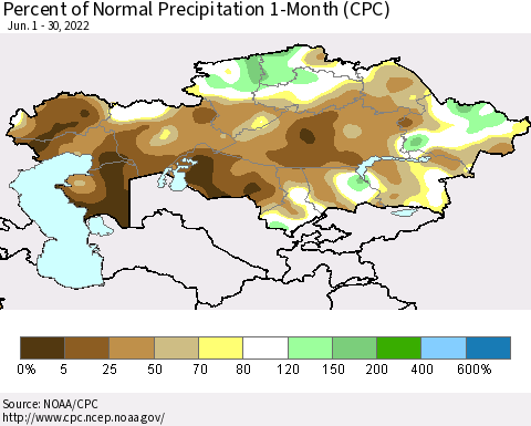 Kazakhstan Percent of Normal Precipitation 1-Month (CPC) Thematic Map For 6/1/2022 - 6/30/2022