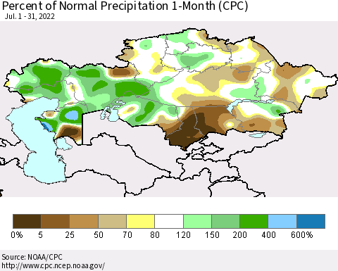 Kazakhstan Percent of Normal Precipitation 1-Month (CPC) Thematic Map For 7/1/2022 - 7/31/2022