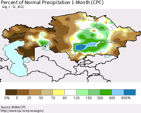 Kazakhstan Percent of Normal Precipitation 1-Month (CPC) Thematic Map For 8/1/2022 - 8/31/2022