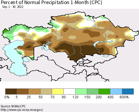Kazakhstan Percent of Normal Precipitation 1-Month (CPC) Thematic Map For 9/1/2022 - 9/30/2022