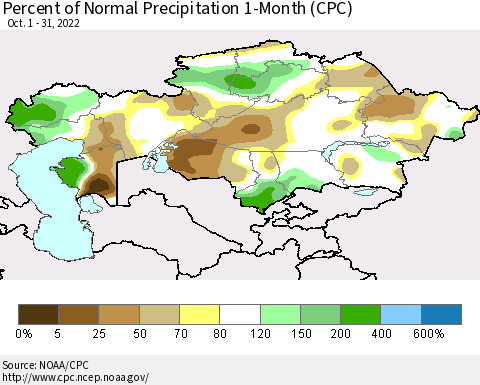 Kazakhstan Percent of Normal Precipitation 1-Month (CPC) Thematic Map For 10/1/2022 - 10/31/2022