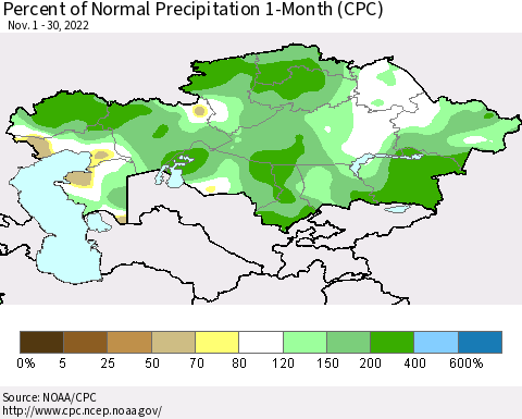 Kazakhstan Percent of Normal Precipitation 1-Month (CPC) Thematic Map For 11/1/2022 - 11/30/2022