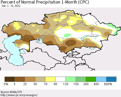 Kazakhstan Percent of Normal Precipitation 1-Month (CPC) Thematic Map For 12/1/2022 - 12/31/2022