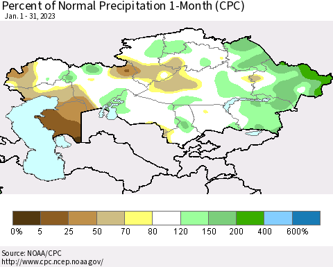 Kazakhstan Percent of Normal Precipitation 1-Month (CPC) Thematic Map For 1/1/2023 - 1/31/2023