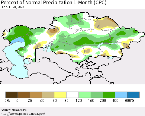 Kazakhstan Percent of Normal Precipitation 1-Month (CPC) Thematic Map For 2/1/2023 - 2/28/2023