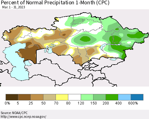 Kazakhstan Percent of Normal Precipitation 1-Month (CPC) Thematic Map For 3/1/2023 - 3/31/2023