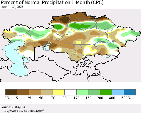 Kazakhstan Percent of Normal Precipitation 1-Month (CPC) Thematic Map For 4/1/2023 - 4/30/2023