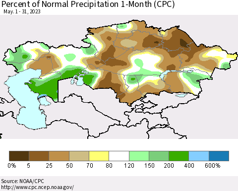 Kazakhstan Percent of Normal Precipitation 1-Month (CPC) Thematic Map For 5/1/2023 - 5/31/2023