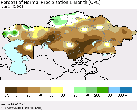 Kazakhstan Percent of Normal Precipitation 1-Month (CPC) Thematic Map For 6/1/2023 - 6/30/2023