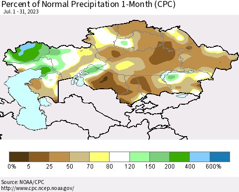 Kazakhstan Percent of Normal Precipitation 1-Month (CPC) Thematic Map For 7/1/2023 - 7/31/2023