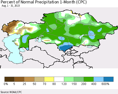 Kazakhstan Percent of Normal Precipitation 1-Month (CPC) Thematic Map For 8/1/2023 - 8/31/2023