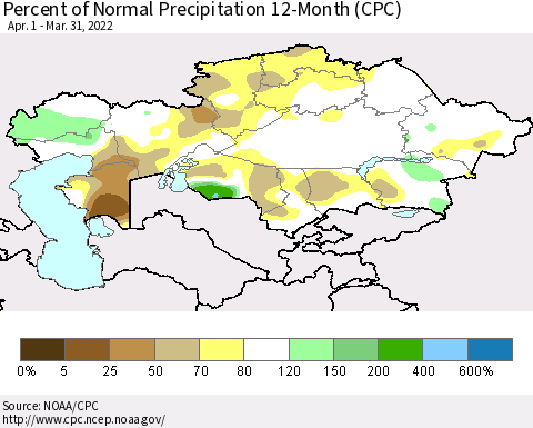 Kazakhstan Percent of Normal Precipitation 12-Month (CPC) Thematic Map For 4/1/2021 - 3/31/2022