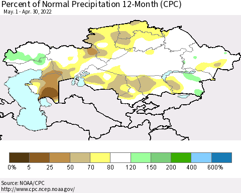 Kazakhstan Percent of Normal Precipitation 12-Month (CPC) Thematic Map For 5/1/2021 - 4/30/2022