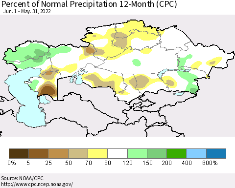Kazakhstan Percent of Normal Precipitation 12-Month (CPC) Thematic Map For 6/1/2021 - 5/31/2022