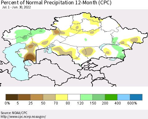Kazakhstan Percent of Normal Precipitation 12-Month (CPC) Thematic Map For 7/1/2021 - 6/30/2022