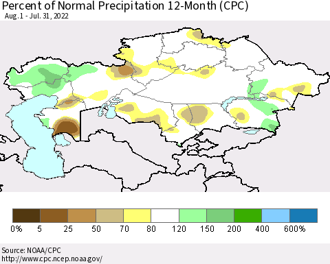 Kazakhstan Percent of Normal Precipitation 12-Month (CPC) Thematic Map For 8/1/2021 - 7/31/2022