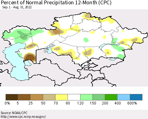 Kazakhstan Percent of Normal Precipitation 12-Month (CPC) Thematic Map For 9/1/2021 - 8/31/2022