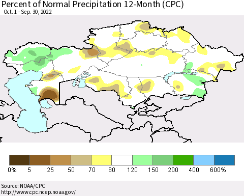 Kazakhstan Percent of Normal Precipitation 12-Month (CPC) Thematic Map For 10/1/2021 - 9/30/2022