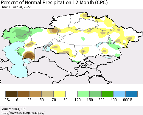 Kazakhstan Percent of Normal Precipitation 12-Month (CPC) Thematic Map For 11/1/2021 - 10/31/2022