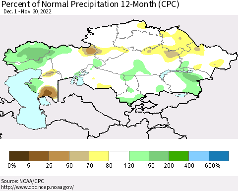 Kazakhstan Percent of Normal Precipitation 12-Month (CPC) Thematic Map For 12/1/2021 - 11/30/2022