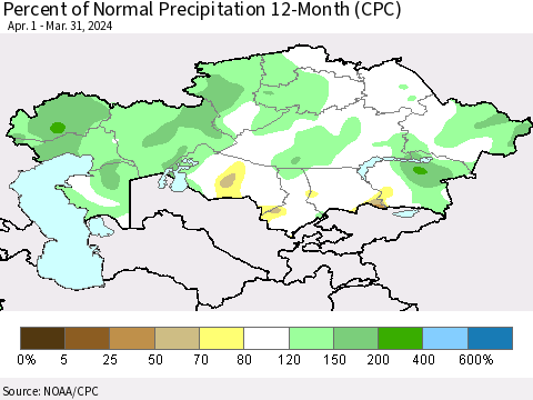Kazakhstan Percent of Normal Precipitation 12-Month (CPC) Thematic Map For 4/1/2023 - 3/31/2024