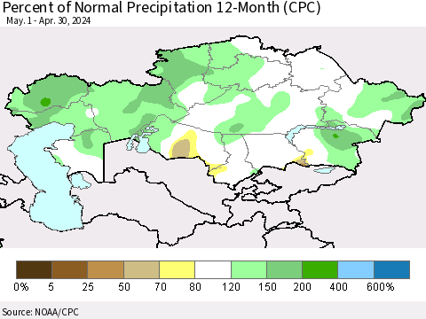 Kazakhstan Percent of Normal Precipitation 12-Month (CPC) Thematic Map For 5/1/2023 - 4/30/2024