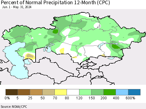 Kazakhstan Percent of Normal Precipitation 12-Month (CPC) Thematic Map For 6/1/2023 - 5/31/2024