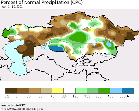 Kazakhstan Percent of Normal Precipitation (CPC) Thematic Map For 4/1/2021 - 4/10/2021
