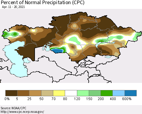 Kazakhstan Percent of Normal Precipitation (CPC) Thematic Map For 4/11/2021 - 4/20/2021
