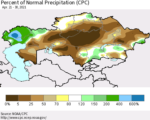 Kazakhstan Percent of Normal Precipitation (CPC) Thematic Map For 4/21/2021 - 4/30/2021