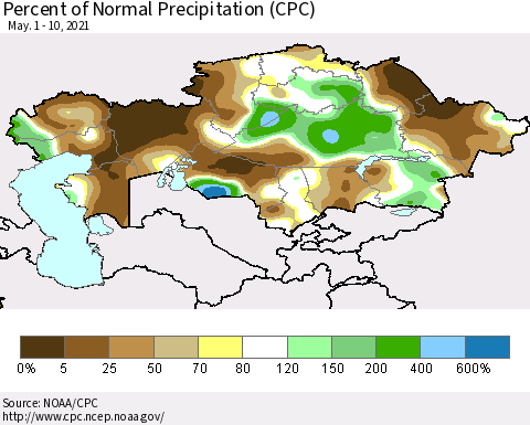 Kazakhstan Percent of Normal Precipitation (CPC) Thematic Map For 5/1/2021 - 5/10/2021