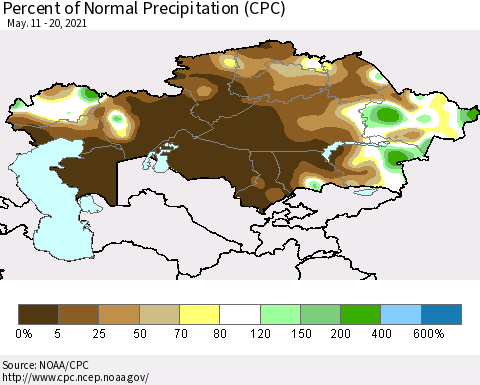Kazakhstan Percent of Normal Precipitation (CPC) Thematic Map For 5/11/2021 - 5/20/2021
