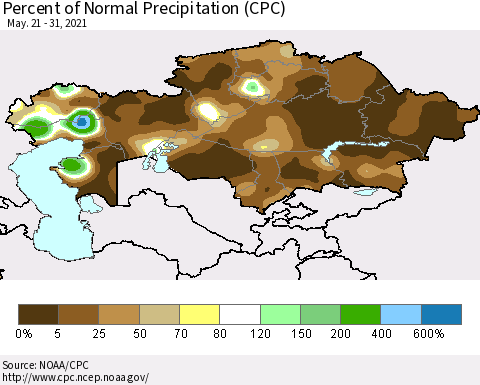 Kazakhstan Percent of Normal Precipitation (CPC) Thematic Map For 5/21/2021 - 5/31/2021