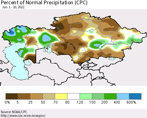 Kazakhstan Percent of Normal Precipitation (CPC) Thematic Map For 6/1/2021 - 6/10/2021