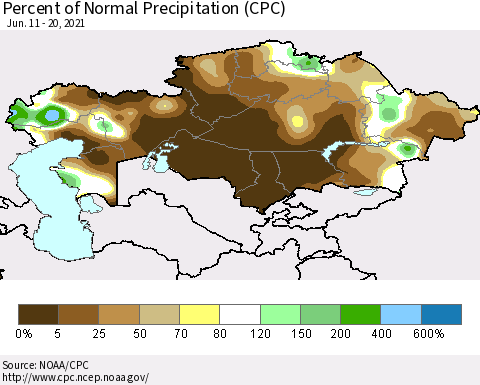 Kazakhstan Percent of Normal Precipitation (CPC) Thematic Map For 6/11/2021 - 6/20/2021