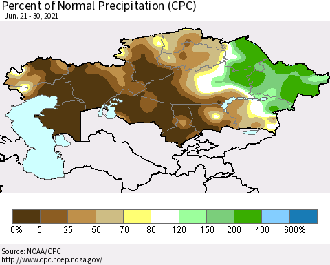 Kazakhstan Percent of Normal Precipitation (CPC) Thematic Map For 6/21/2021 - 6/30/2021