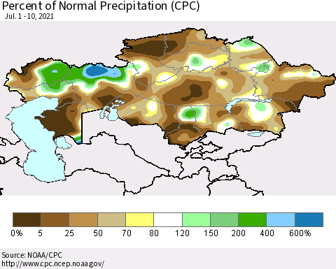 Kazakhstan Percent of Normal Precipitation (CPC) Thematic Map For 7/1/2021 - 7/10/2021