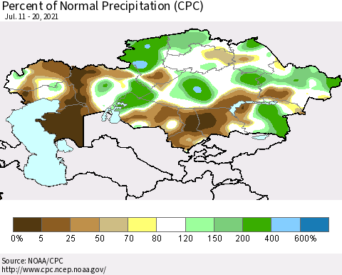 Kazakhstan Percent of Normal Precipitation (CPC) Thematic Map For 7/11/2021 - 7/20/2021