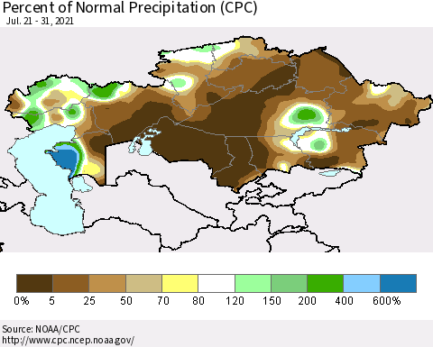 Kazakhstan Percent of Normal Precipitation (CPC) Thematic Map For 7/21/2021 - 7/31/2021