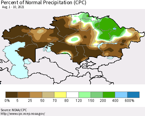 Kazakhstan Percent of Normal Precipitation (CPC) Thematic Map For 8/1/2021 - 8/10/2021