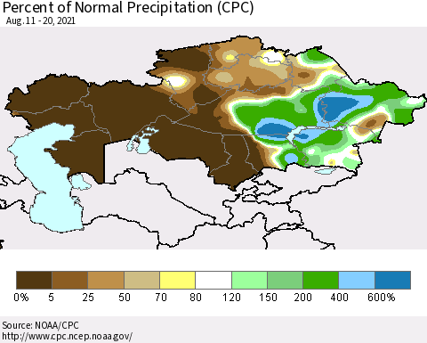 Kazakhstan Percent of Normal Precipitation (CPC) Thematic Map For 8/11/2021 - 8/20/2021