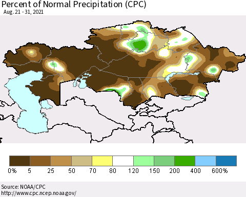 Kazakhstan Percent of Normal Precipitation (CPC) Thematic Map For 8/21/2021 - 8/31/2021
