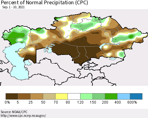 Kazakhstan Percent of Normal Precipitation (CPC) Thematic Map For 9/1/2021 - 9/10/2021